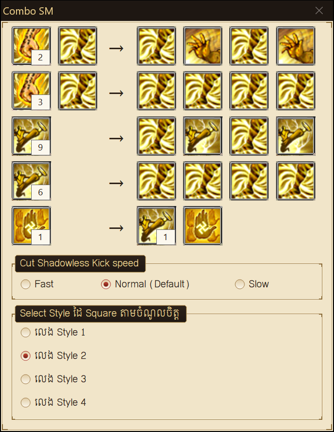 The Combo SM window: five skill combos with their levels, Cut Shadowless Kick speed set to Normal, and Style 2 chosen of four styles